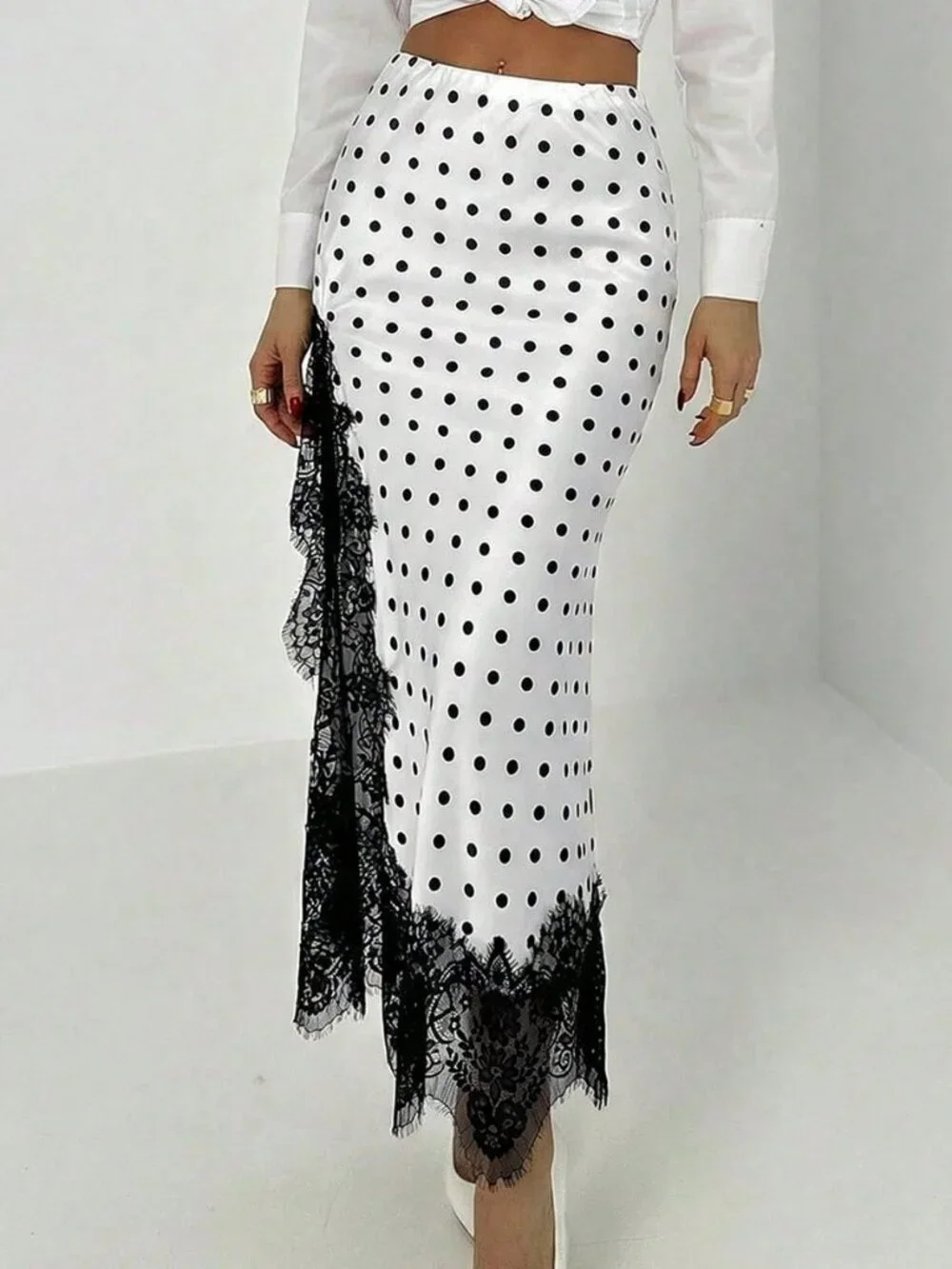 Black And White Elegant Women's Polka Dot Print Lace Patchwork Skirt